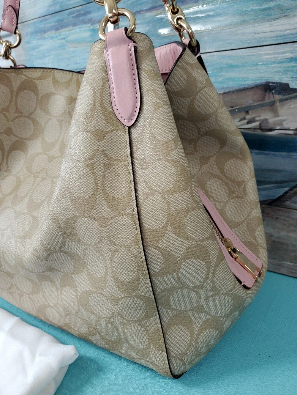 Coach Hallie Shoulder Bag In Signature Canvas Khaki / Pink Blossom F80298